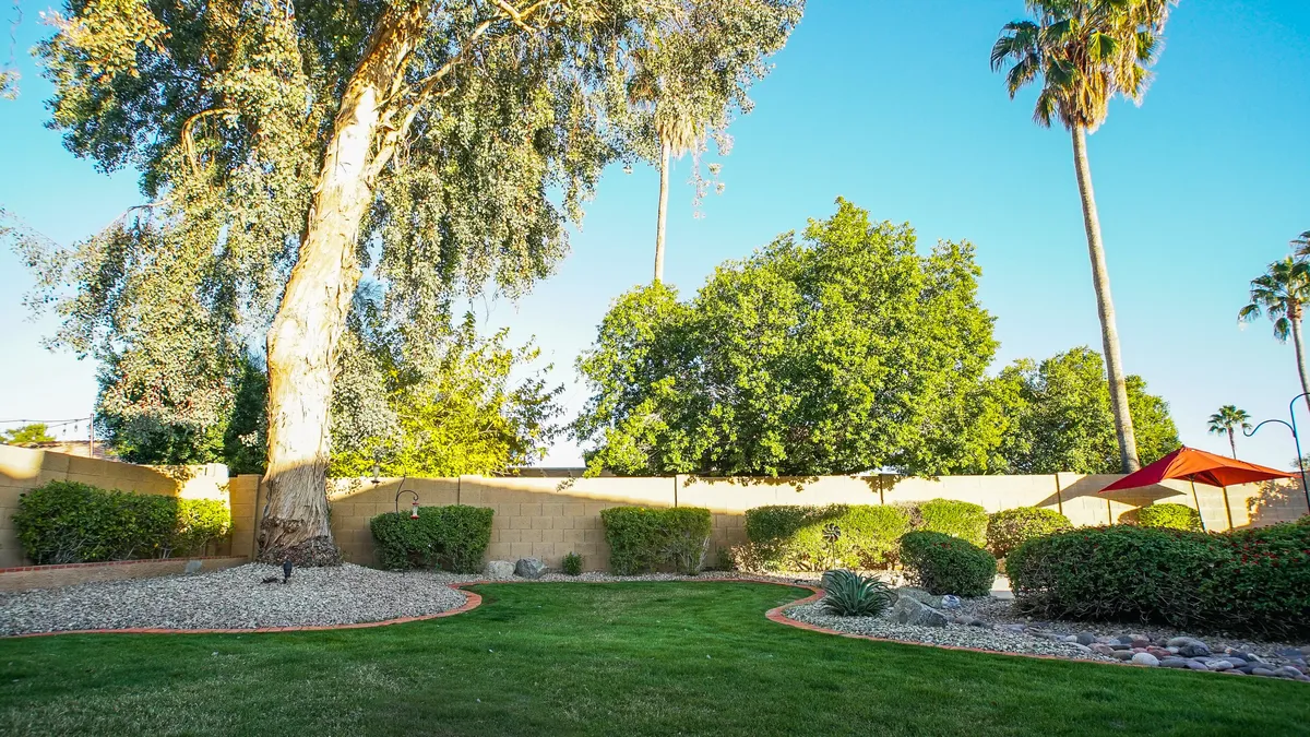 A serene backyard featuring a large shade tree, lush green grass, landscape rocks, bushes, and a vibrant red umbrella. The open space is ideal for both pets and people to relax, play, or gather together outdoors.
